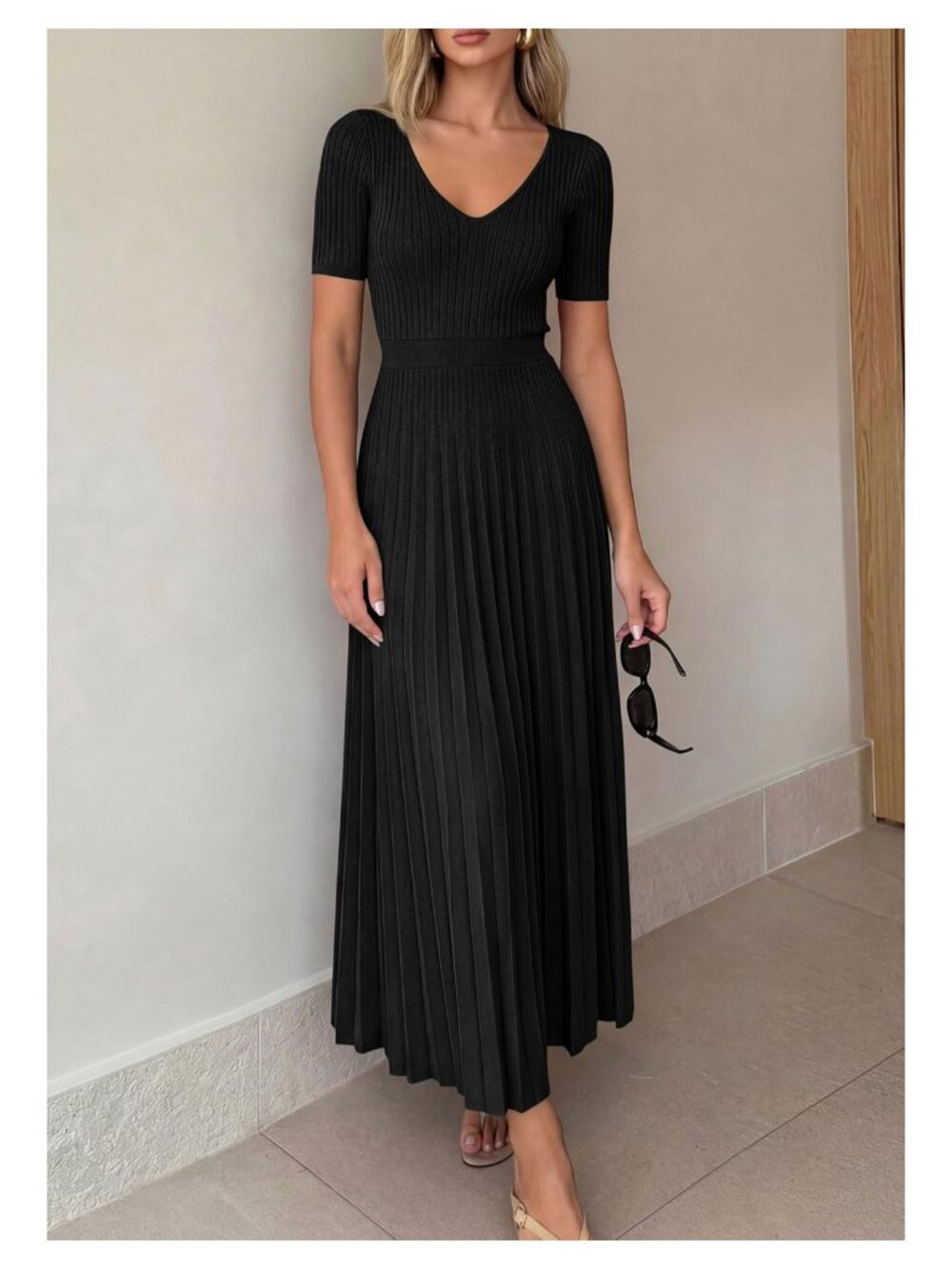 Women's V-Neck Pleated Midi Sweater Dress Short Sleeve Knit A-Line - Picture 4 of 7